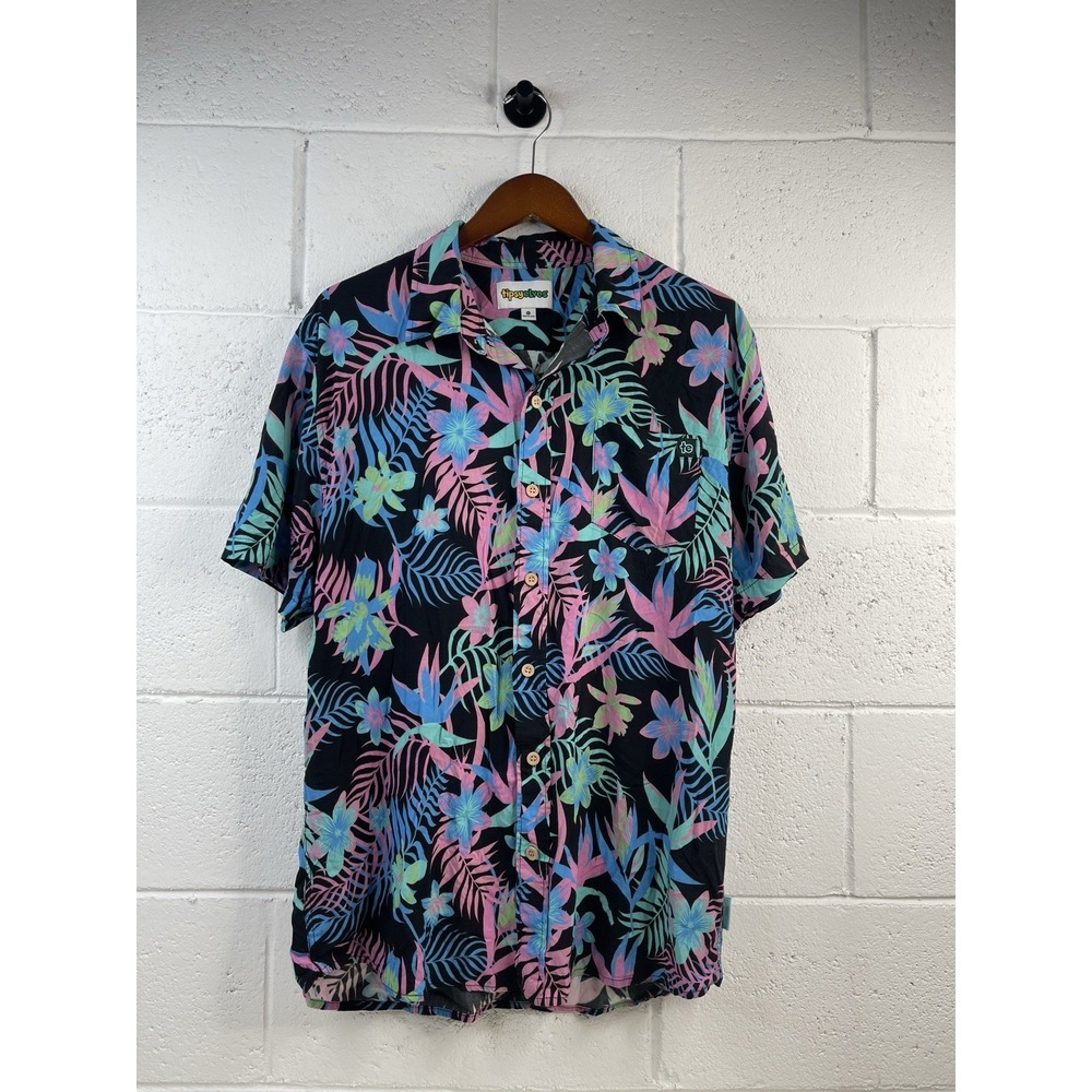 Tipsy Elves Mens'sHawaiian Button Up Shirt Camp Black Floral Tropical Neon XL